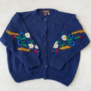 Nando Embroidered Floral Cardigan Sweater 100% Alpaca Hand Knitted Size M